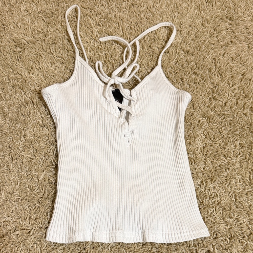 Women’s White Ribbed Lace-Up Cami Tank